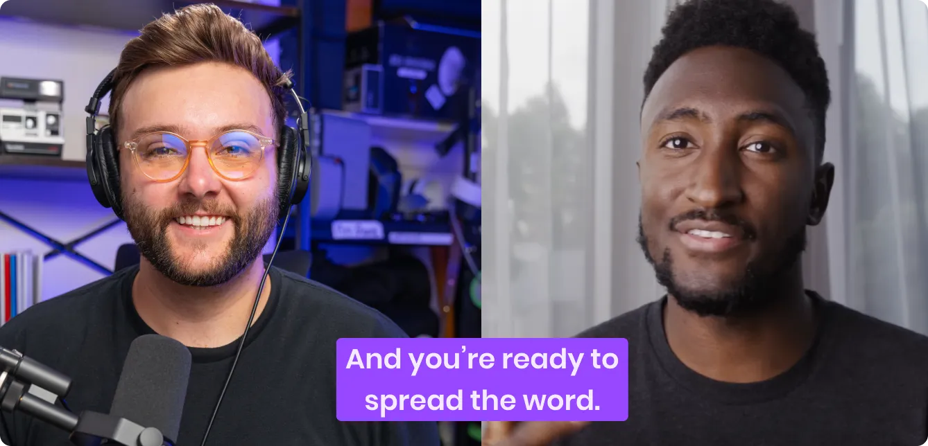 Split-screen showing two men smiling; the left man wears glasses and headphones with a microphone, the right man is in front of a window with curtains.